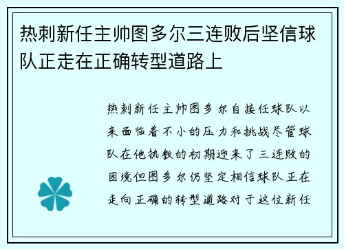 热刺新任主帅图多尔三连败后坚信球队正走在正确转型道路上